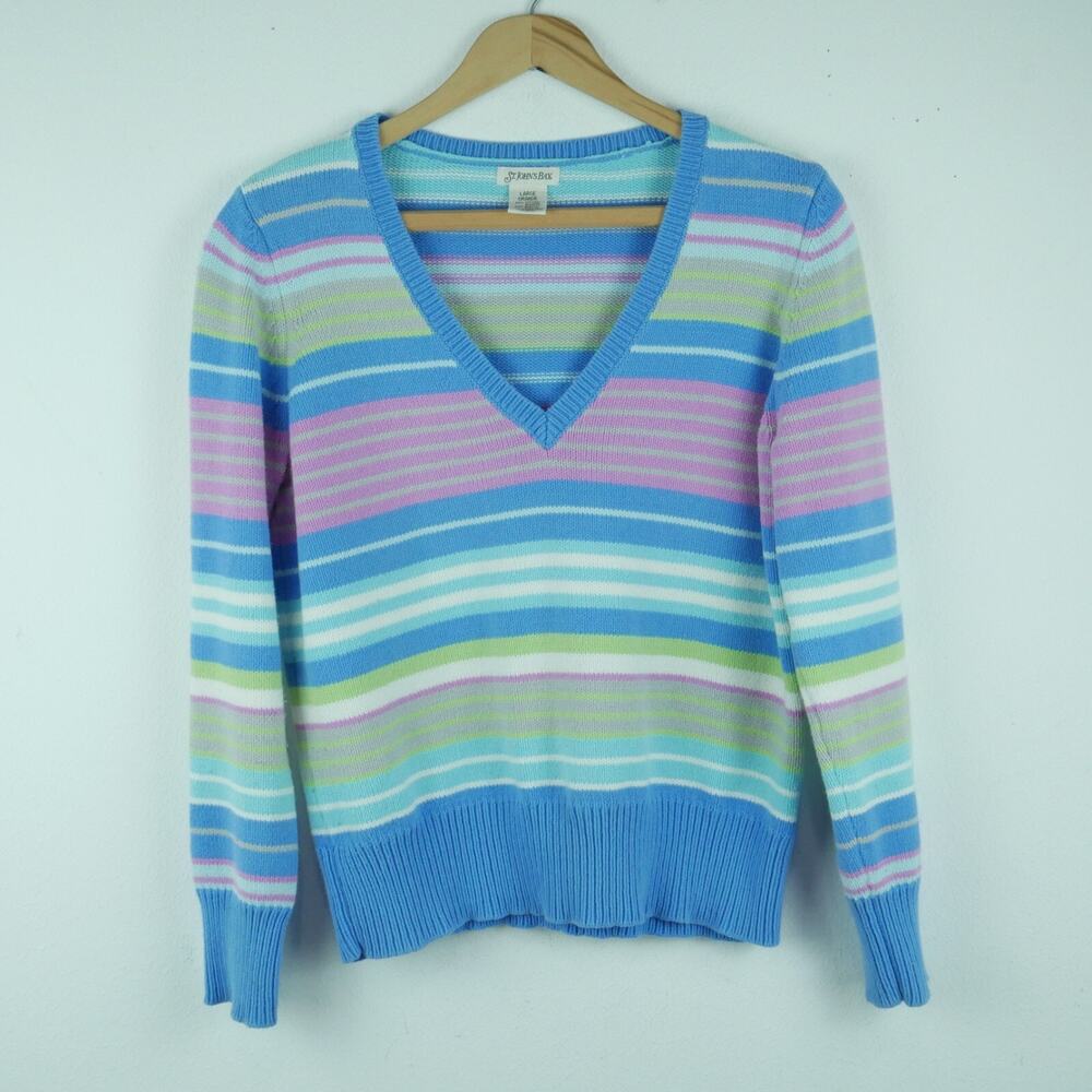 Vintage Large Sweater‎ V Neck Striped Pastel Preppy 90s Cotton Country Club